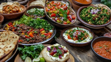 Fototapeta premium Assortment of cultural dishes arranged on a wooden dinner table