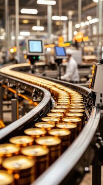 Metal cans on conveyor belt in automated food processing and packaging factory