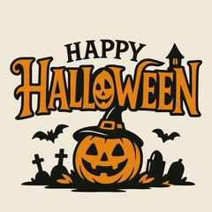 Happy Halloween Typography with Smiling Pumpkin, Bats, and Graveyard Silhouette in Vintage Style