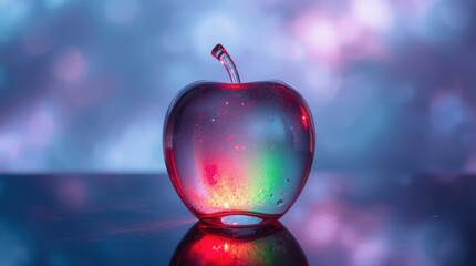 Captivating glass apple illuminated with vibrant, glowing lights, reflecting a magical, ethereal ambiance on a dark surface.