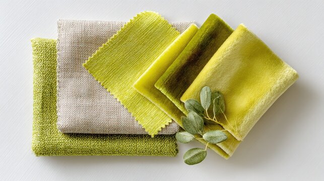 Chartreuse textile swatches on white background for modern color palette and fabric design inspiration.