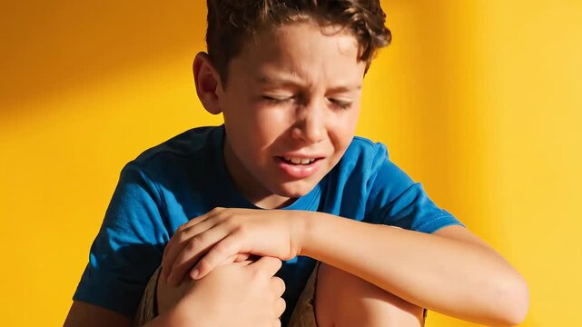 A young boy, expressing pain, eyes shut, hands on knees, against a vibrant yellow backdrop