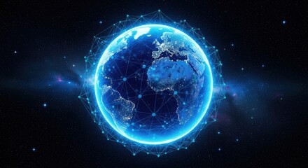 Obraz premium Global Network Connectivity Futuristic Digital Earth with Light Connections