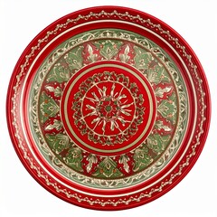 Obraz premium Ornamental Circular Red Plate with Intricate Green and White Floral Patterns