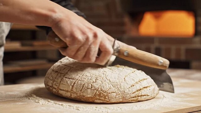 Close-up of a baker's hands using a lame (bread scoring tool) to make a swift, decisive cut on the surface of a floured loaf of sourdough bread dough just before it goes into the oven.