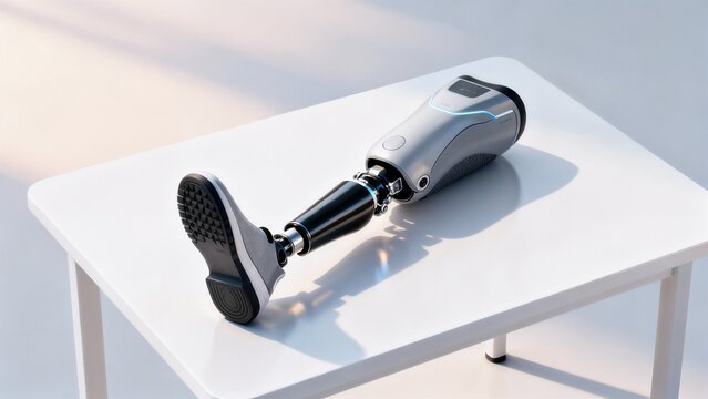 Advanced prosthetic leg on white table, International Day of Persons with Disabilities - Powered by Adobe