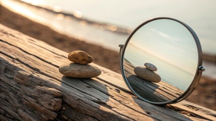 Obraz premium Stones reflected in a mirror placed on aged wooden surface