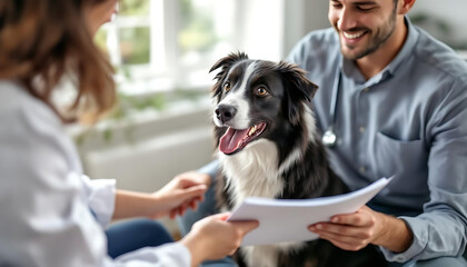 Friendly veterinary consultation with border collie and genetic profile report in bright clinic.