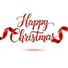 Happy christmas text with red ribbon isolated on white background