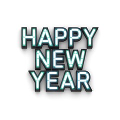 Happy new year text with glowing blue neon letters isolated on white background