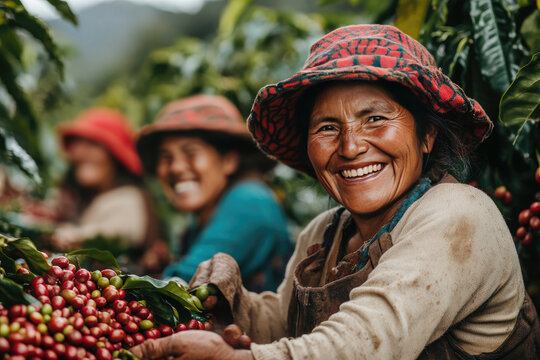 Happy latin american woman harvesting coffee beans with coworkers on sunny plantation in colombia, surrounded by lush greenery. Smiling, working together to pr. Coffee picking.International Coffee Day - Powered by Adobe