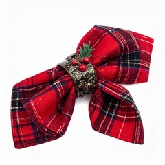 Festive Red Plaid Napkin Ring with Berries on White Background