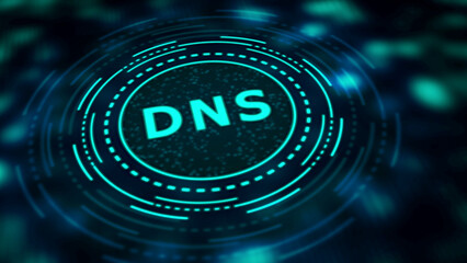 Glowing DNS Abbreviation Within Digital Futuristic Circle on Dark Bokeh Background domain name system