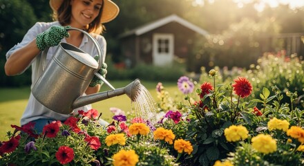 Woman Watering Colorful Garden Flowers on Sunny Day