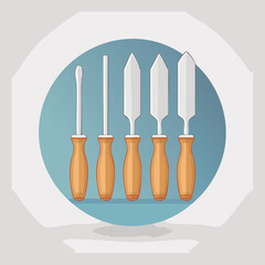 Five Vectorized Chisels with Wooden Handles, Tools.