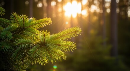 Golden Sunlight Illuminates Evergreen Branches in a Serene Forest