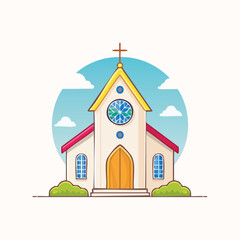 Cartoon Illustration of a Church Building with Cross
