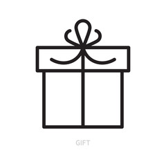 Gift with bow line icon. Present, box, surprise symbol. Holiday, festive sign. Birthday, Christmas, Xmas concept. Isolated on a white background. Editable stroke. Flat design. Vector illustration.