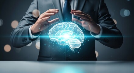 Professional Holding a Glowing Abstract Brain Symbolizing Creativity and Intellectual Powe