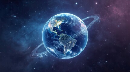 Stunning Earth with glowing rings and satellites orbits in a vibrant, star filled nebula, evoking wonder and cosmic exploration.