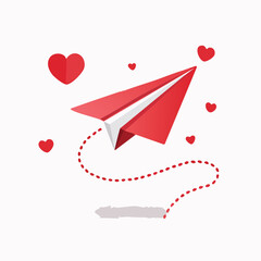 Red Paper Airplane with Hearts and Dotted Trail