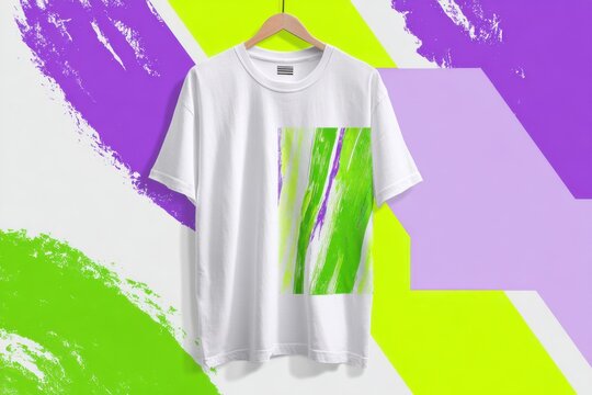 T-shirt mockup displays a glitch art design in neon green and purple, emphasizing bold colors and creative expression, perfect for fashion and art enthusiasts