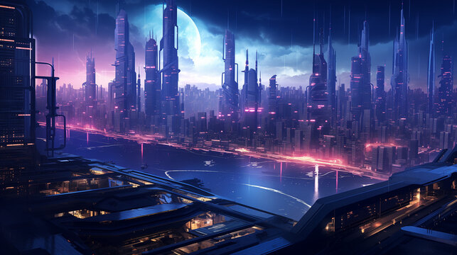 Cyberpunk neon cityskape night AI generate. Futuristic scene road with high-speed lights leads to city with multi-story buildings against clear starry sky, buildings, highway with motion effect.