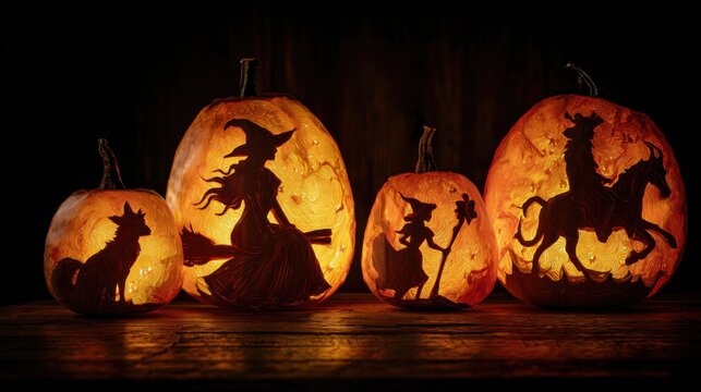 carved halloween pumpkins with witch silhouettes,