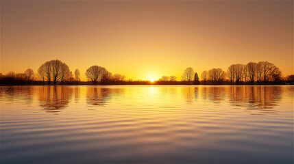 Fototapeta premium Golden sunset reflecting in calm lake with trees on horizon, concept of peace, beauty and evening nature scene.
