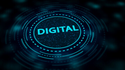 Cyan glowing digital interface circle with the word DIGITAL against a dark bokeh background technology