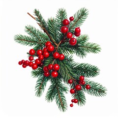 Christmas Holiday Fir Branches with Red Berries on a White Background