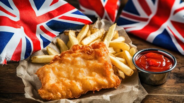 Golden fried fish with chips and British flags on display