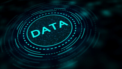Glowing DATA text inside a futuristic circular interface with a dark bokeh background DATA information