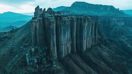 Dramatic rock canyon landscape with mountain background