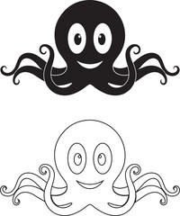 Vector art of a black silhouette of a cute octopus illustration design filled and line art style. Black and white cartoon octopus with smiling face and curly tentacles illustration animal.