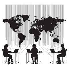 Global business concept with a world map formed from a barcode and people working on laptops at desks