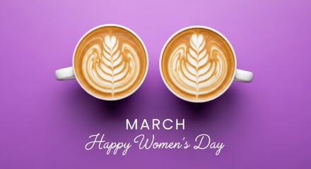 Two Cups of Coffee with Latte Art Celebrating Happy Women's Day in March