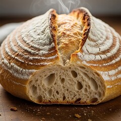 A close-up view of a freshly baked artisan loaf of bread, showcasing its golden-brown crust and airy interior.
