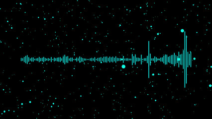 Cyan sound wave visualization with glowing particles on black background audio waveform