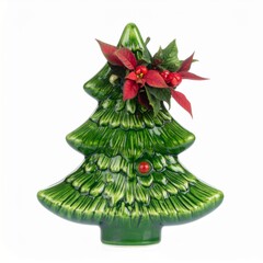Obraz premium Festive Green Ceramic Christmas Tree with Red Poinsettia Decor on White