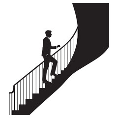 Silhouette of a businessman in a suit climbing a curved staircase towards success and opportunity in a stylized graphic