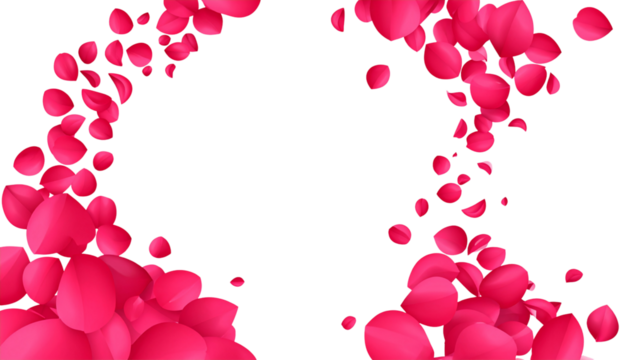 - Blown red petals arranged dynamically, isolated on transparent background