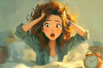 A cartoon style portrait of a young woman in bed, looking shocked by her alarm clock, with wild hair and a disheveled appearance, suggesting stress.