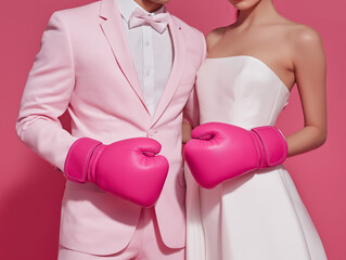 A newlywed couple dressed in formalwear with pink boxing gloves posing against a pink background. Playful love and power dynamics concept in pastel tones.