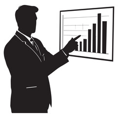 Silhouette of a businessman in a suit pointing at a rising bar graph on a whiteboard during a presentation