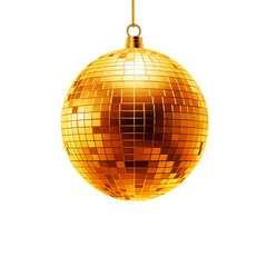 A Single Reflective Golden Disco Ball Suspended Against A Solid Transparent Background