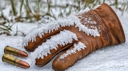 Leather glove covered in snow resting on snowdrift outdoors