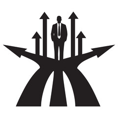 Silhouette of a businessman standing at a crossroads with multiple diverging arrows pointing in different directions symbolizing choice