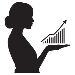 Silhouette of a businesswoman holding a rising bar graph and line chart representing financial growth and success