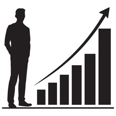 Silhouette of a businessman standing next to a rising bar graph indicating financial growth and success